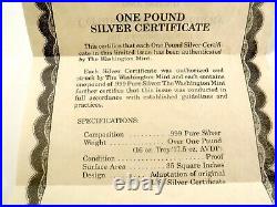 Washington Mint $1000 Certificate One Pound 16 Troy Oz. 999 Silver Bar 106