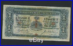 #d11. 1918 Australian Cerutty / Collins One Pound Banknote A 708830 U